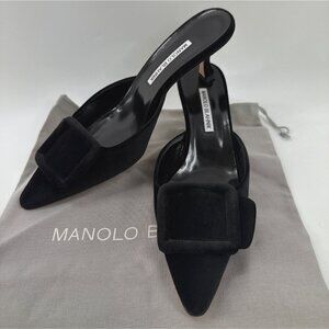 Manolo Blahnik Maysale Black Velvet Mules Pointed Toe Kitten Heel Women Sz 38.5